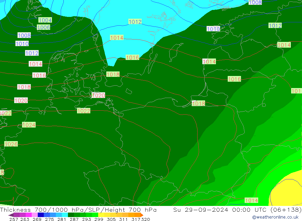 Dikte700-1000 hPa GFS zo 29.09.2024 00 UTC