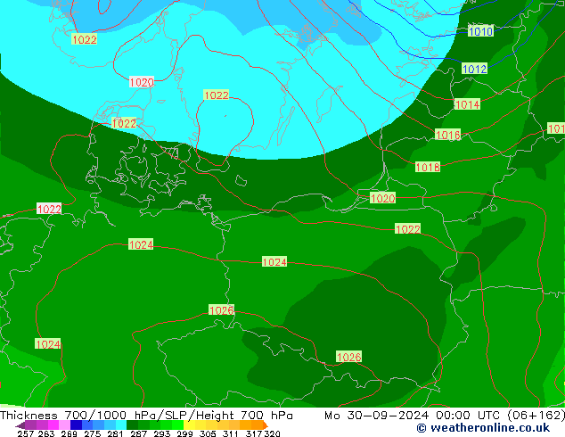 Espesor 700-1000 hPa GFS lun 30.09.2024 00 UTC