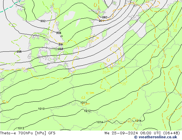 Theta-e 700hPa GFS  25.09.2024 06 UTC