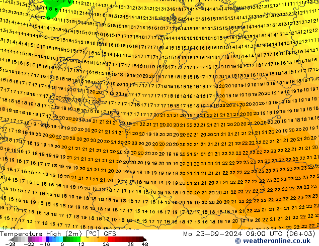 temperatura máx. (2m) GFS Seg 23.09.2024 09 UTC