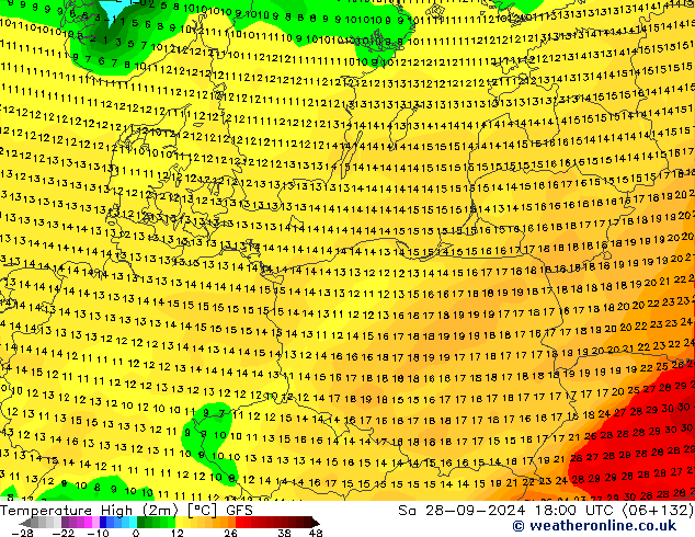 Temperatura máx. (2m) GFS sáb 28.09.2024 18 UTC