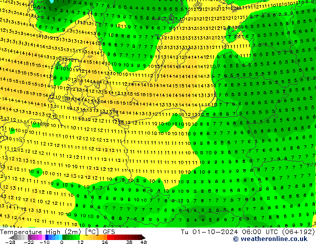 Temperature High (2m) GFS Tu 01.10.2024 06 UTC