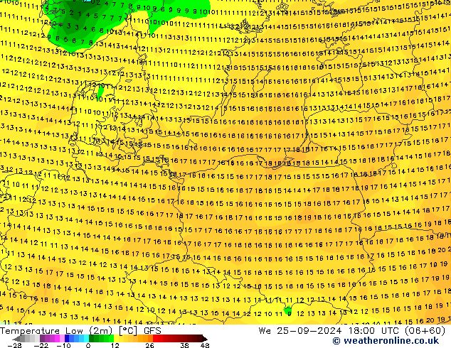 Nejnižší teplota (2m) GFS St 25.09.2024 18 UTC