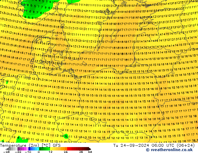 Temperatuurkaart (2m) GFS di 24.09.2024 06 UTC