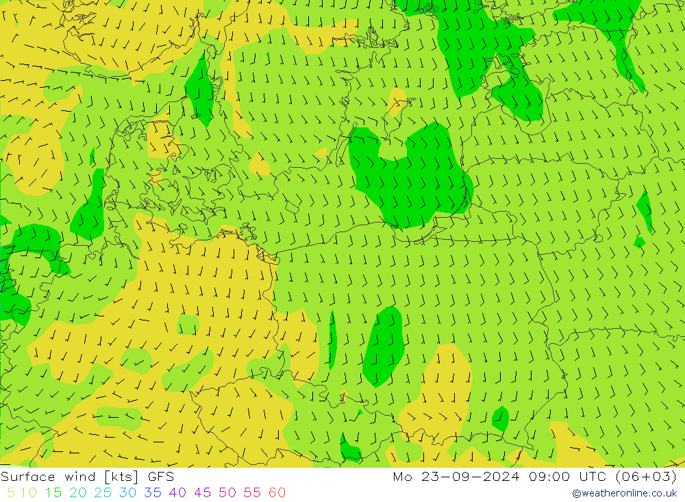 Surface wind GFS Mo 23.09.2024 09 UTC