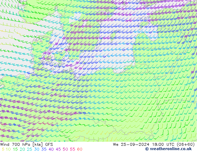 Rüzgar 700 hPa GFS Çar 25.09.2024 18 UTC