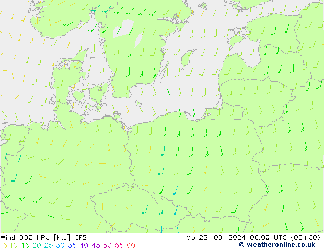 wiatr 900 hPa GFS pon. 23.09.2024 06 UTC