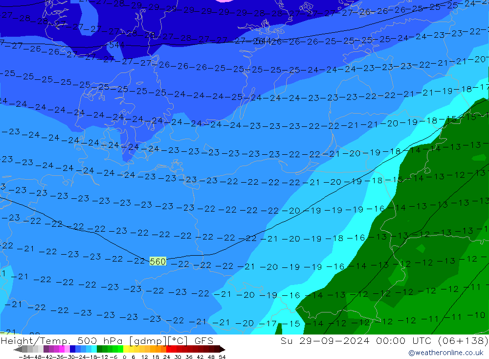 Z500/Yağmur (+YB)/Z850 GFS Paz 29.09.2024 00 UTC