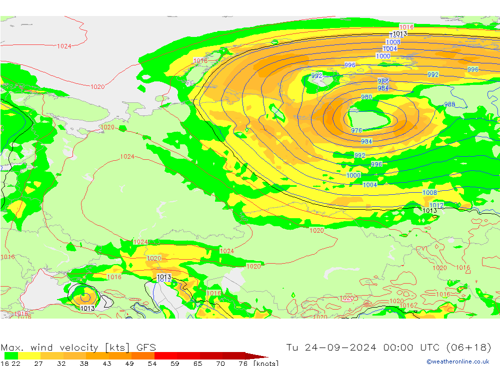 Max. wind velocity GFS вт 24.09.2024 00 UTC