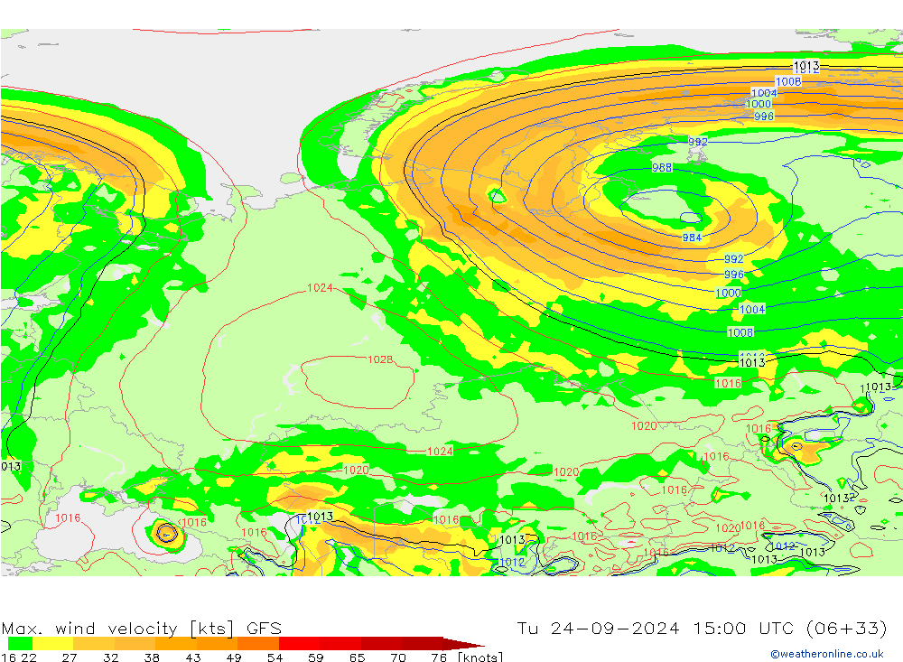 Max. wind velocity GFS Út 24.09.2024 15 UTC