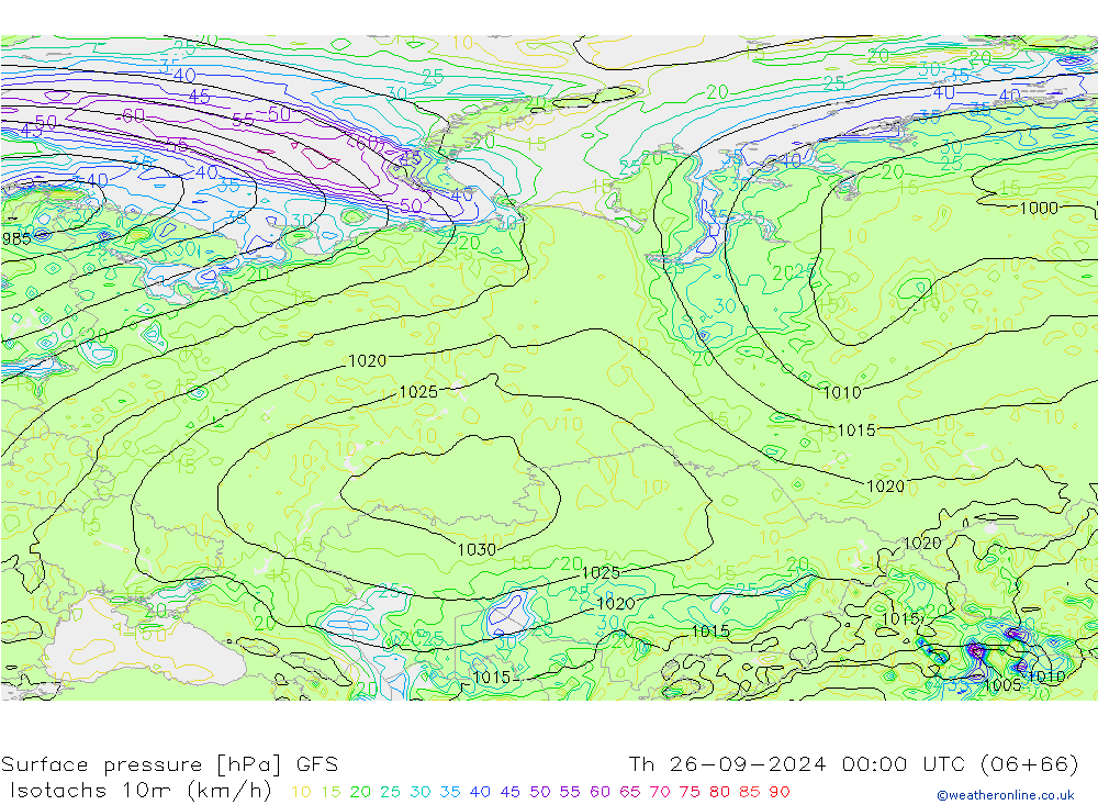 Isotachs (kph) GFS Th 26.09.2024 00 UTC