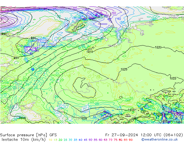 Izotacha (km/godz) GFS pt. 27.09.2024 12 UTC