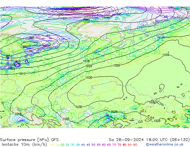 Isotachen (km/h) GFS Sa 28.09.2024 18 UTC