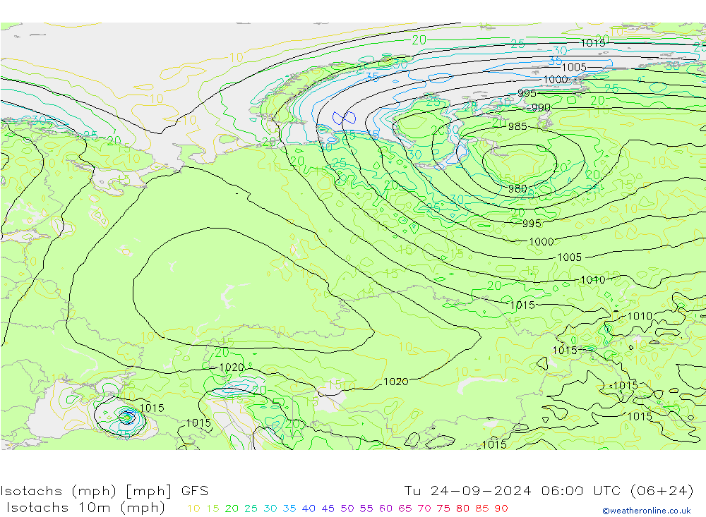 Isotachs (mph) GFS mar 24.09.2024 06 UTC