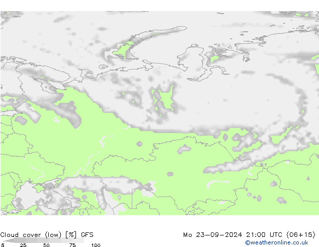 Cloud cover (low) GFS Mo 23.09.2024 21 UTC