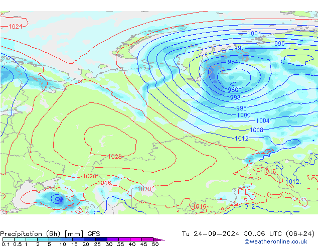 Z500/Rain (+SLP)/Z850 GFS mar 24.09.2024 06 UTC