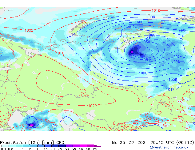 Precipitation (12h) GFS Mo 23.09.2024 18 UTC