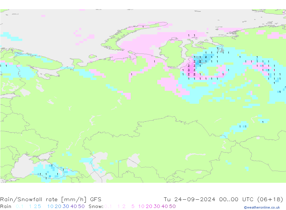 Rain/Snowfall rate GFS Út 24.09.2024 00 UTC