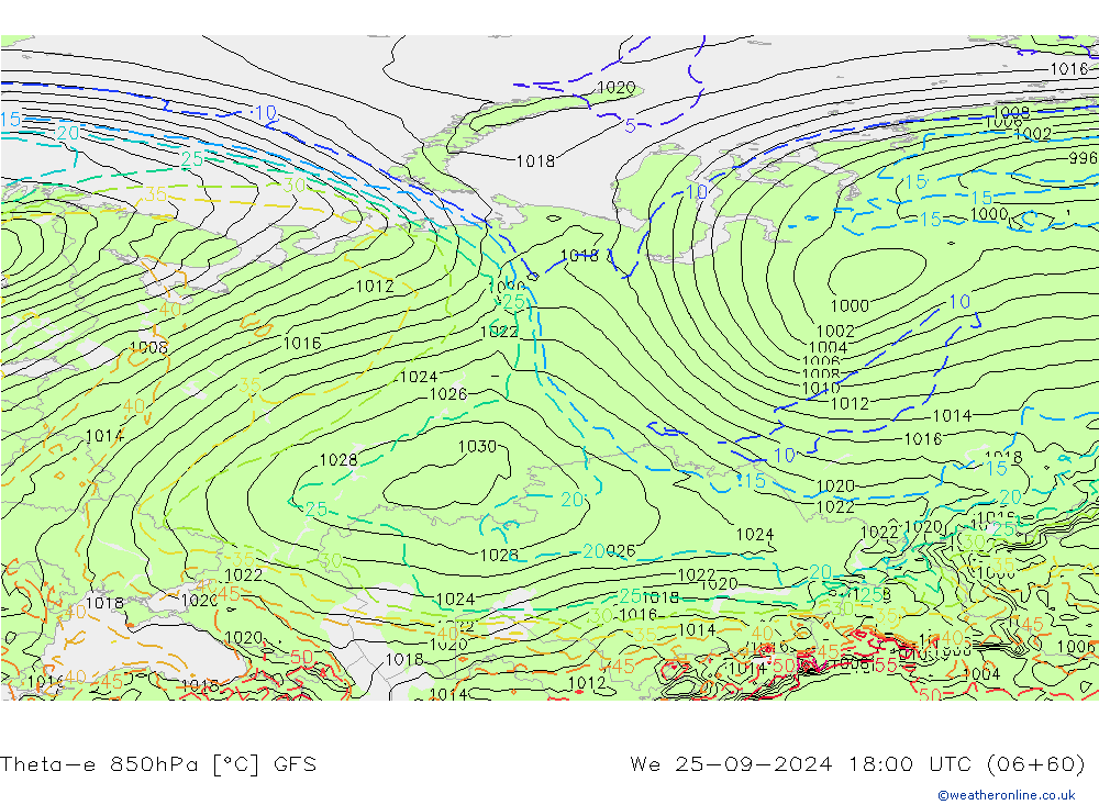 Theta-e 850hPa GFS mer 25.09.2024 18 UTC