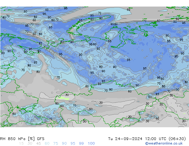 RH 850 гПа GFS вт 24.09.2024 12 UTC