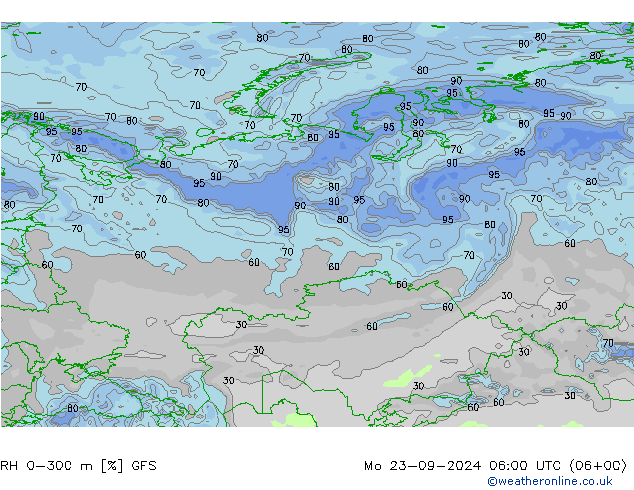 RH 0-300 m GFS Mo 23.09.2024 06 UTC