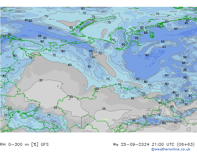 RH 0-300 m GFS  25.09.2024 21 UTC