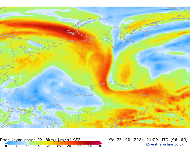 Deep layer shear (0-6km) GFS We 25.09.2024 21 UTC