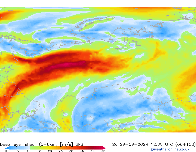 Deep layer shear (0-6km) GFS Su 29.09.2024 12 UTC