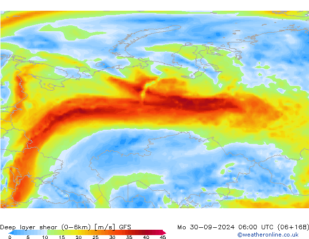 Deep layer shear (0-6km) GFS lun 30.09.2024 06 UTC