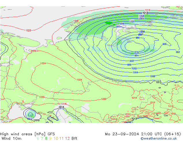 High wind areas GFS Mo 23.09.2024 21 UTC