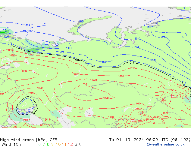 High wind areas GFS вт 01.10.2024 06 UTC