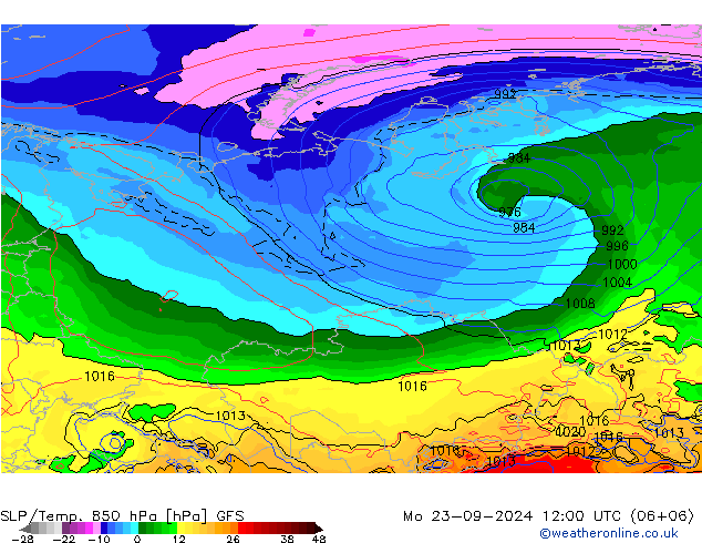 SLP/Temp. 850 hPa GFS Po 23.09.2024 12 UTC