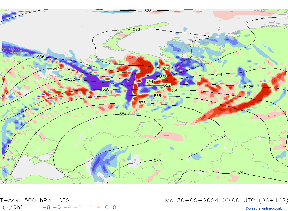 T-Adv. 500 гПа GFS пн 30.09.2024 00 UTC