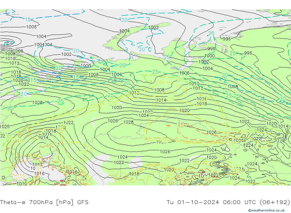 Theta-e 700hPa GFS  01.10.2024 06 UTC