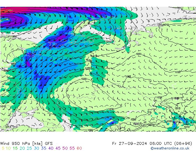 Prec 6h/Wind 10m/950 GFS ven 27.09.2024 06 UTC