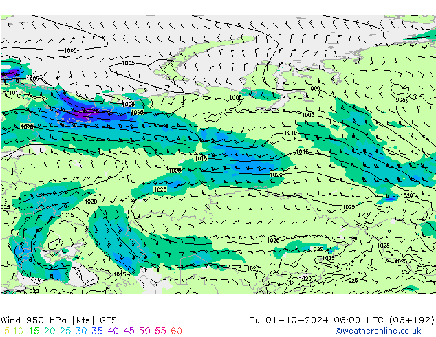 Wind 950 hPa GFS Tu 01.10.2024 06 UTC