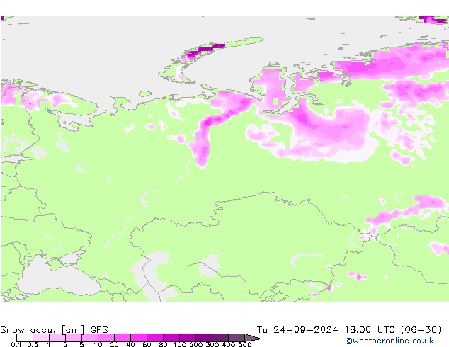 Totale sneeuw GFS di 24.09.2024 18 UTC