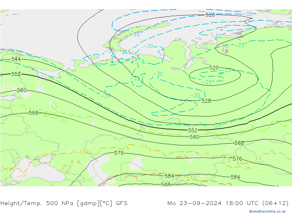 Height/Temp. 500 hPa GFS Mo 23.09.2024 18 UTC