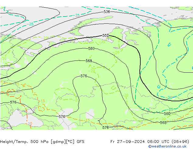 Z500/Rain (+SLP)/Z850 GFS  27.09.2024 06 UTC