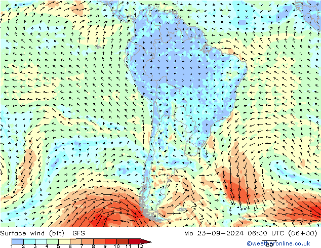 Viento 10 m (bft) GFS lun 23.09.2024 06 UTC