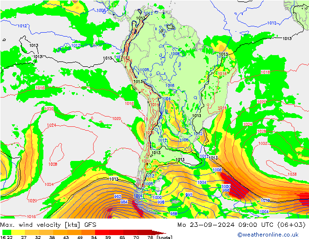 Max. wind velocity GFS пн 23.09.2024 09 UTC