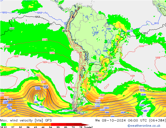 Max. wind velocity GFS śro. 09.10.2024 06 UTC