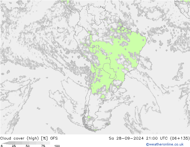 Cloud cover (high) GFS Sa 28.09.2024 21 UTC