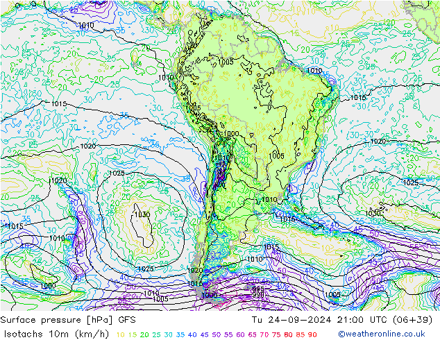 Isotachs (kph) GFS Tu 24.09.2024 21 UTC