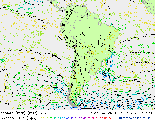 Isotachen (mph) GFS vr 27.09.2024 06 UTC