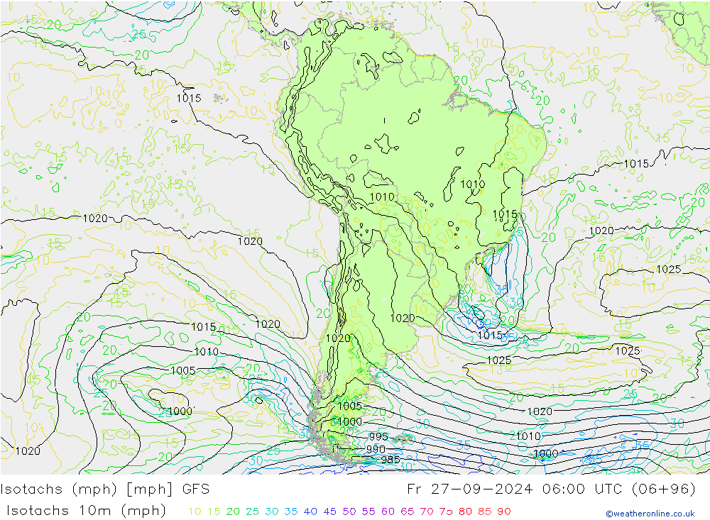 Isotachs (mph) GFS ven 27.09.2024 06 UTC