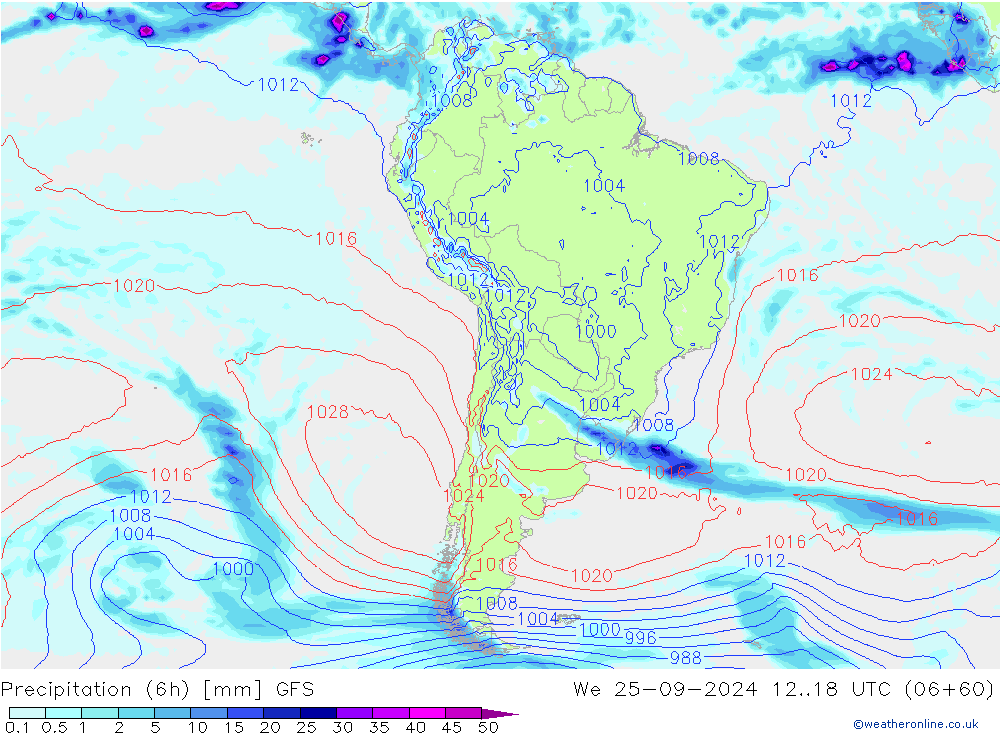 Precipitación (6h) GFS mié 25.09.2024 18 UTC