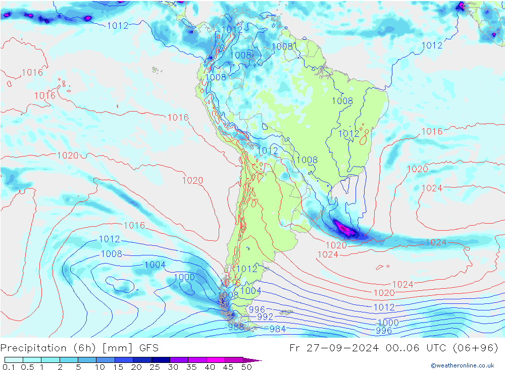 Z500/Rain (+SLP)/Z850 GFS ven 27.09.2024 06 UTC