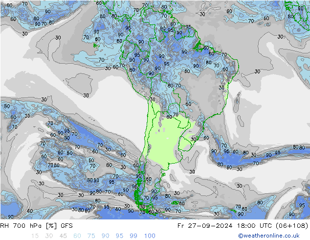 Humedad rel. 700hPa GFS vie 27.09.2024 18 UTC