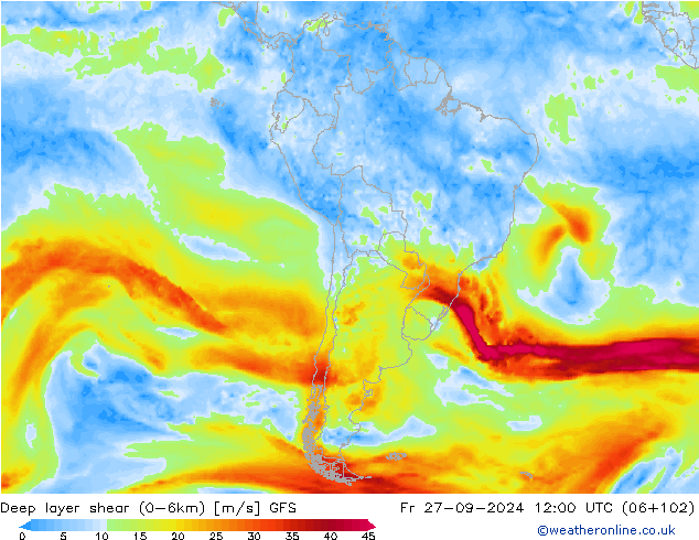 Deep layer shear (0-6km) GFS Cu 27.09.2024 12 UTC